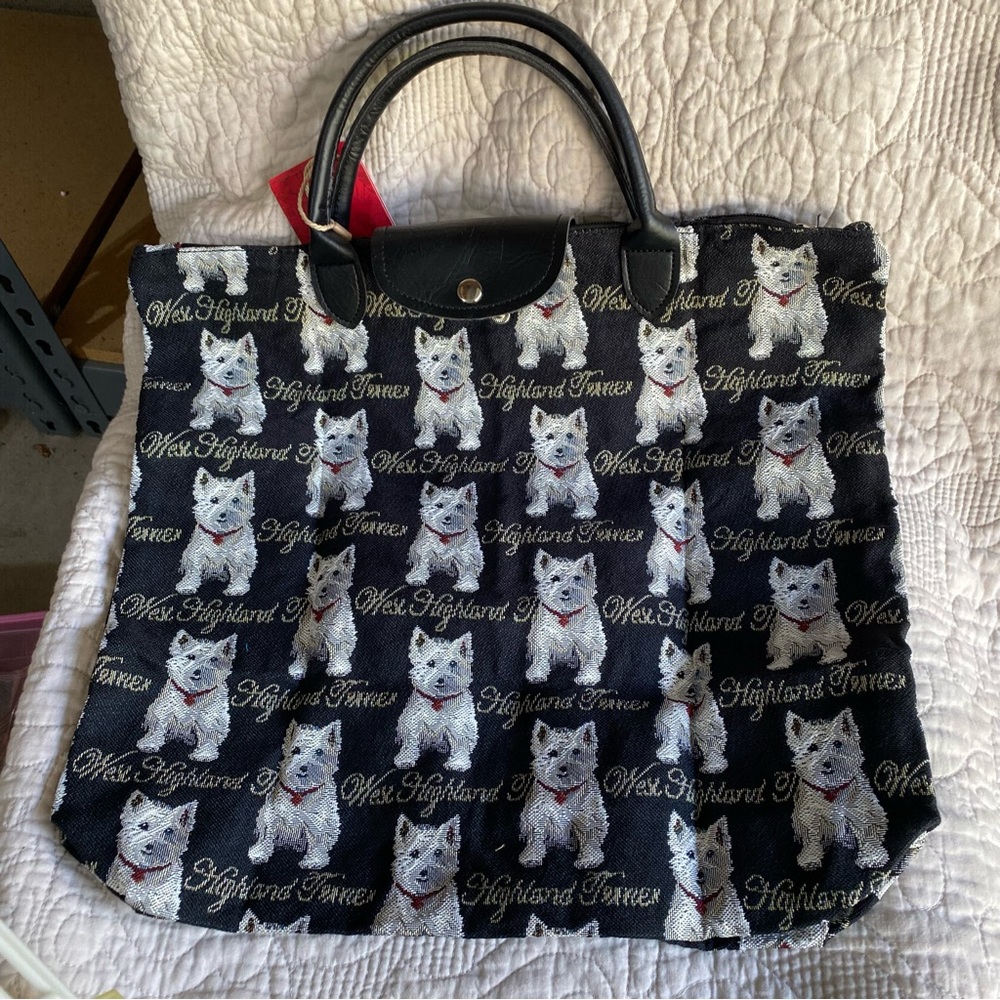 Tote bag, Westy, terrier, puppy print. Zipper top. Easily compacted.